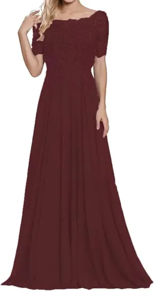 Mother of The Bride Dresses for Women A-Line Floor Length Lace Evening Gowns Applique Beaded Chiffon Wedding Guest Dress