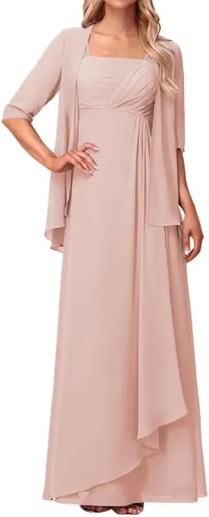 Mother of The Bride Dresses with Jacket Ruffles Formal Evening Gown 2 Pieces Long Chiffon Evening Party Gown