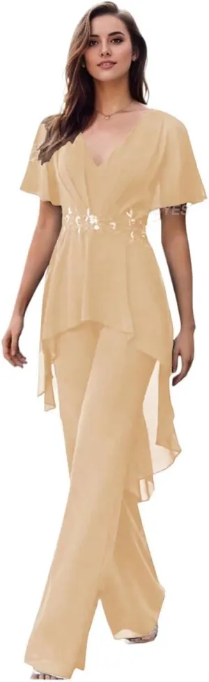 Mother of The Bride Pantsuits for Wedding Chiffon V Neck Formal Outfits with Sleeves