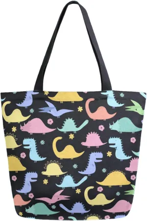 Naanle Womens Extra Large Cute Dinosaurs Flowers Colorful Canvas Reusable Market Beach Travel Gym Shopping Shoulder Tote Bag