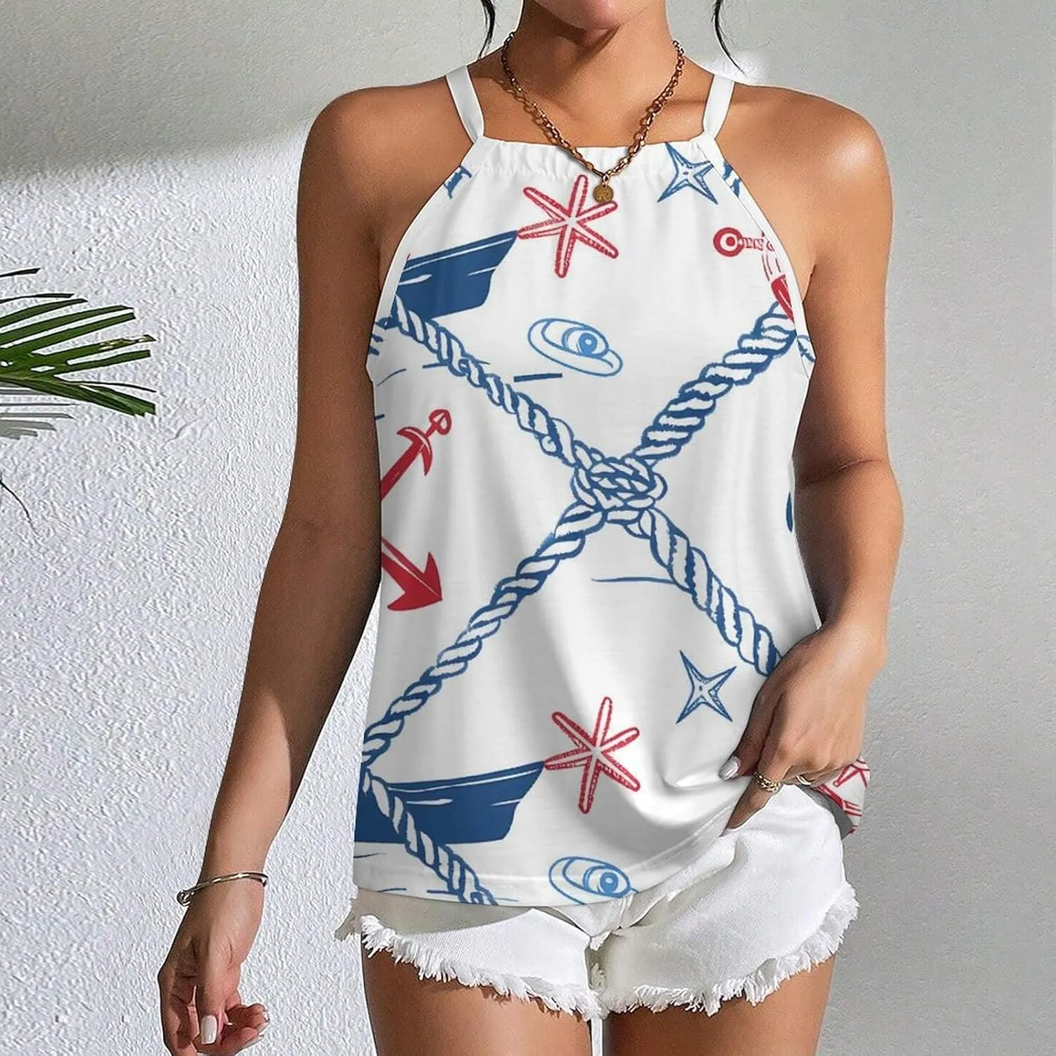 Nautical Theme Women's Tank Top Sleeveless Spaghetti Straps Tie Back Print T-shirt Tops