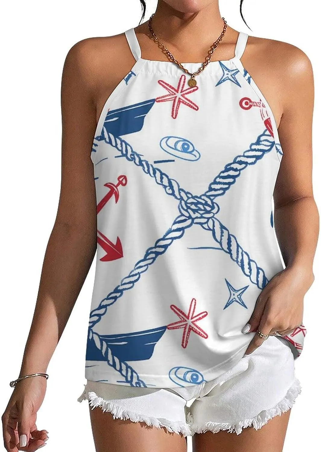 Nautical Theme Women's Tank Top Sleeveless Spaghetti Straps Tie Back Print T-shirt Tops