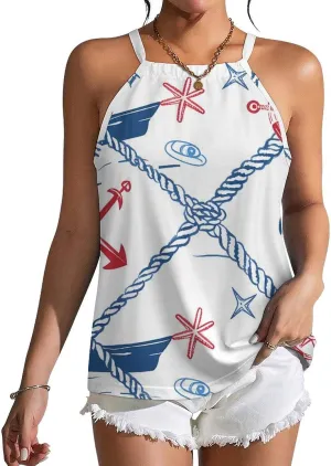 Nautical Theme Women's Tank Top Sleeveless Spaghetti Straps Tie Back Print T-shirt Tops