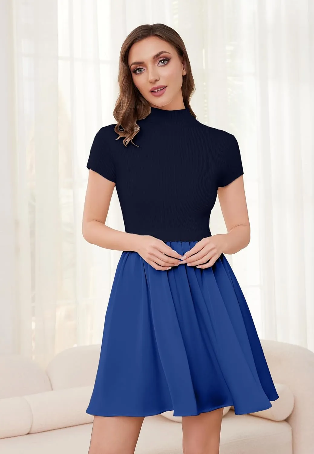 OLAPTA Women Mock Neck Patchwork Pleated Sweater Dress Short Sleeve Swing Knitted Solid Slim Fit Fashion Mini Dress Trendy