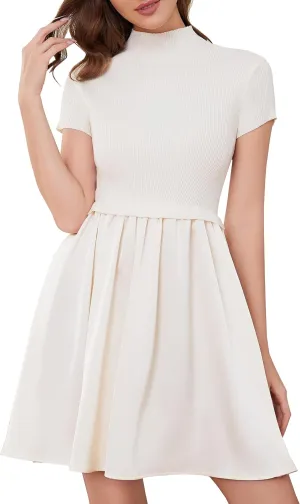 OLAPTA Women Mock Neck Patchwork Pleated Sweater Dress Short Sleeve Swing Knitted Solid Slim Fit Fashion Mini Dress Trendy