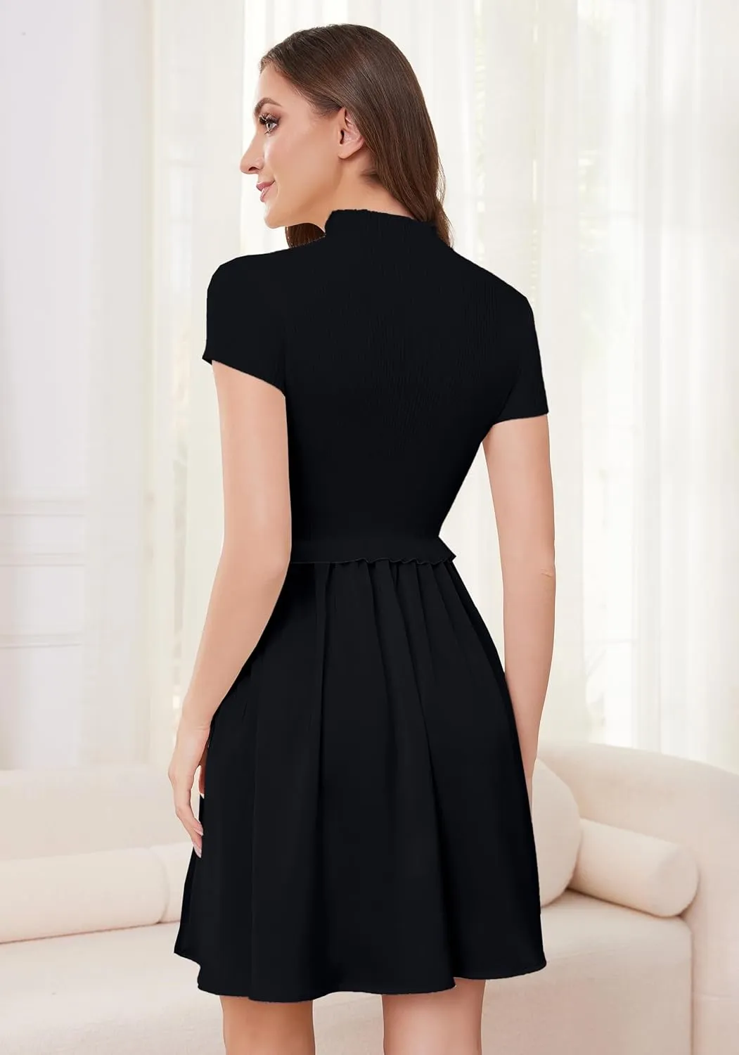 OLAPTA Women Mock Neck Patchwork Pleated Sweater Dress Short Sleeve Swing Knitted Solid Slim Fit Fashion Mini Dress Trendy