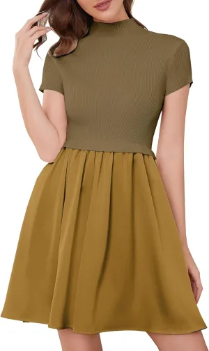 OLAPTA Women Mock Neck Patchwork Pleated Sweater Dress Short Sleeve Swing Knitted Solid Slim Fit Fashion Mini Dress Trendy
