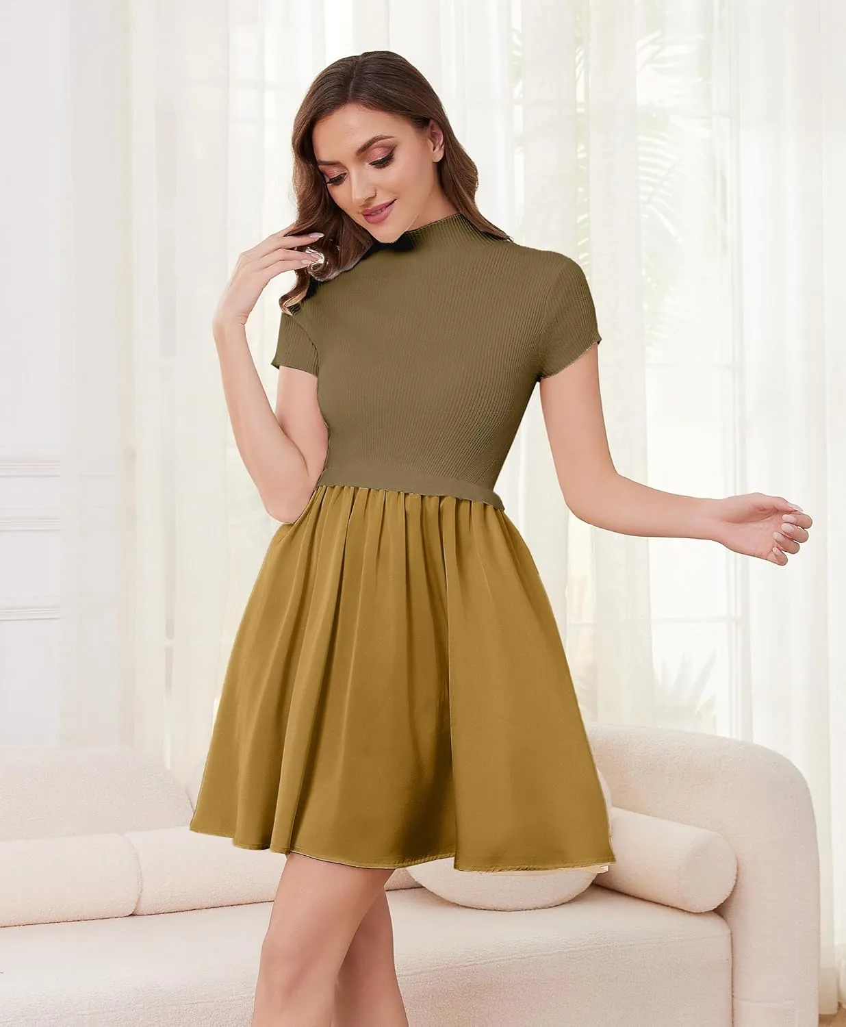 OLAPTA Women Mock Neck Patchwork Pleated Sweater Dress Short Sleeve Swing Knitted Solid Slim Fit Fashion Mini Dress Trendy