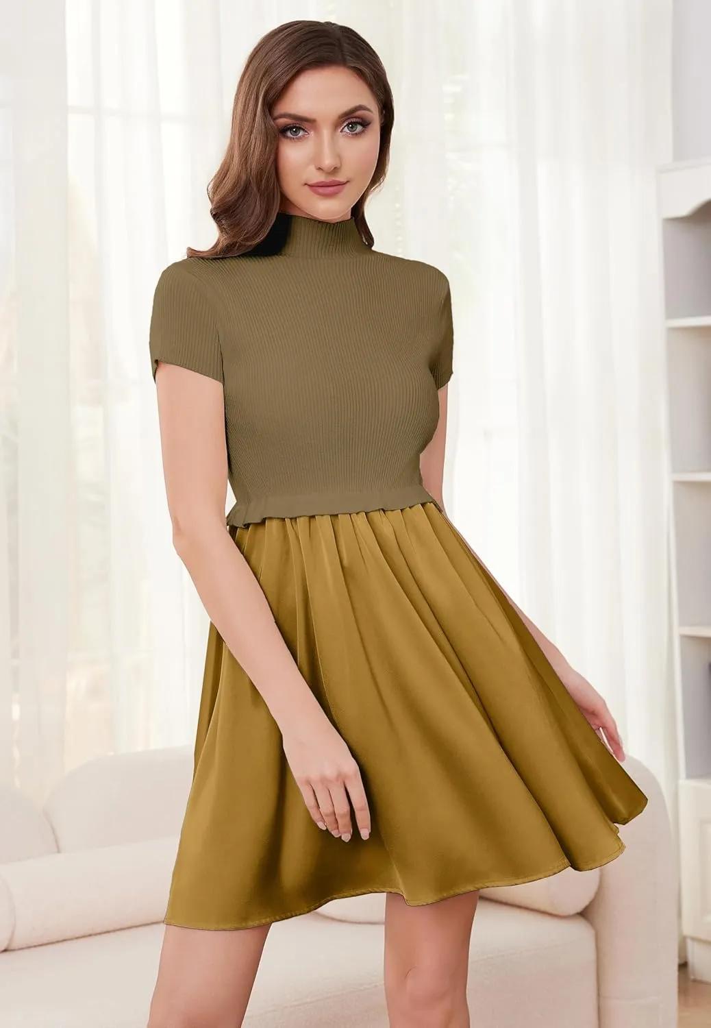 OLAPTA Women Mock Neck Patchwork Pleated Sweater Dress Short Sleeve Swing Knitted Solid Slim Fit Fashion Mini Dress Trendy