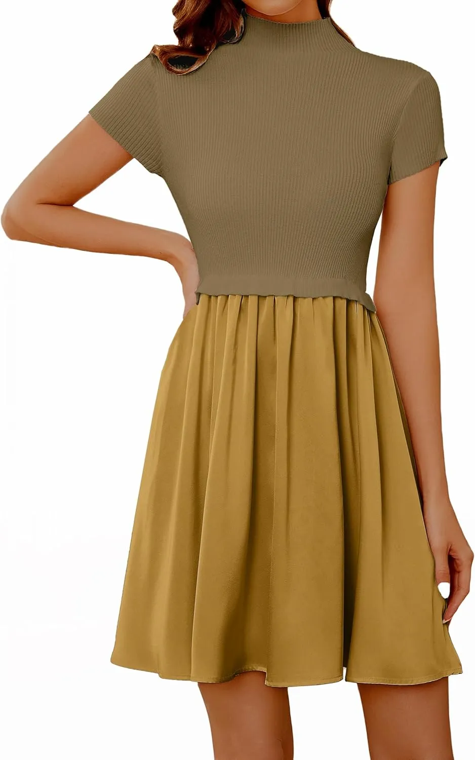 OLAPTA Women Mock Neck Patchwork Pleated Sweater Dress Short Sleeve Swing Knitted Solid Slim Fit Fashion Mini Dress Trendy