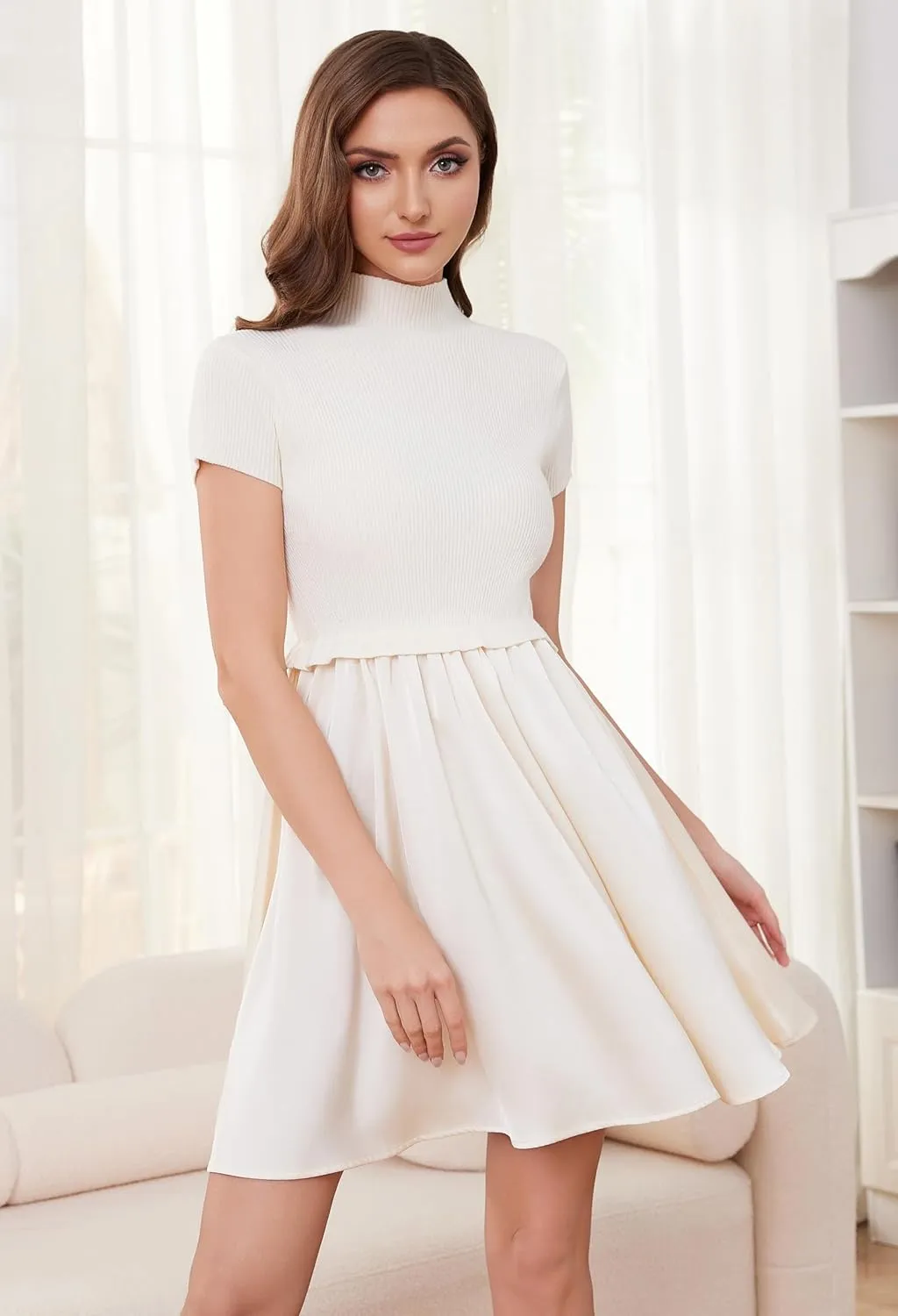 OLAPTA Women Mock Neck Patchwork Pleated Sweater Dress Short Sleeve Swing Knitted Solid Slim Fit Fashion Mini Dress Trendy