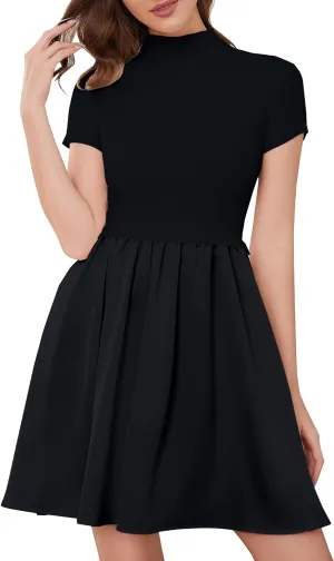 OLAPTA Women Mock Neck Patchwork Pleated Sweater Dress Short Sleeve Swing Knitted Solid Slim Fit Fashion Mini Dress Trendy
