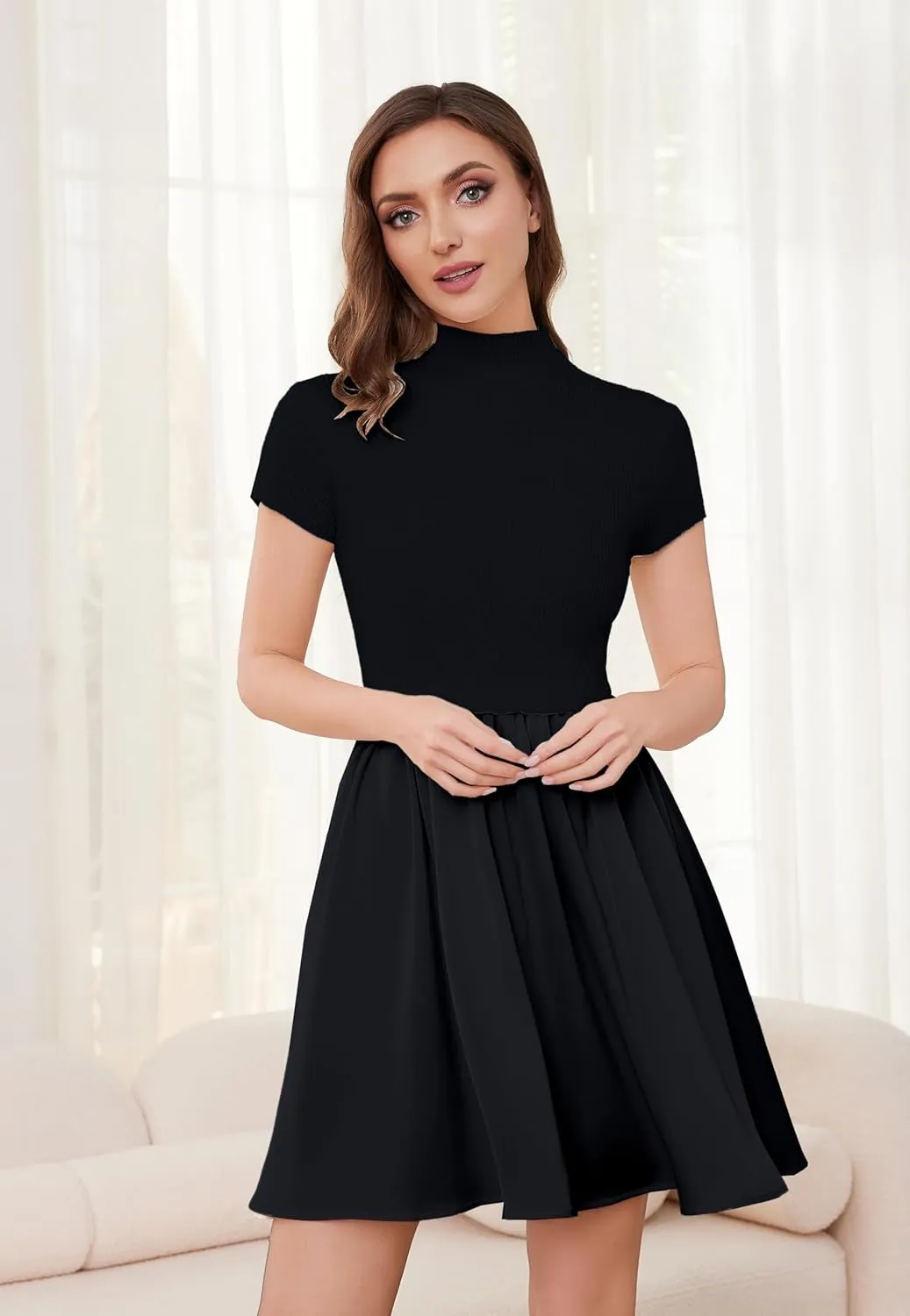 OLAPTA Women Mock Neck Patchwork Pleated Sweater Dress Short Sleeve Swing Knitted Solid Slim Fit Fashion Mini Dress Trendy