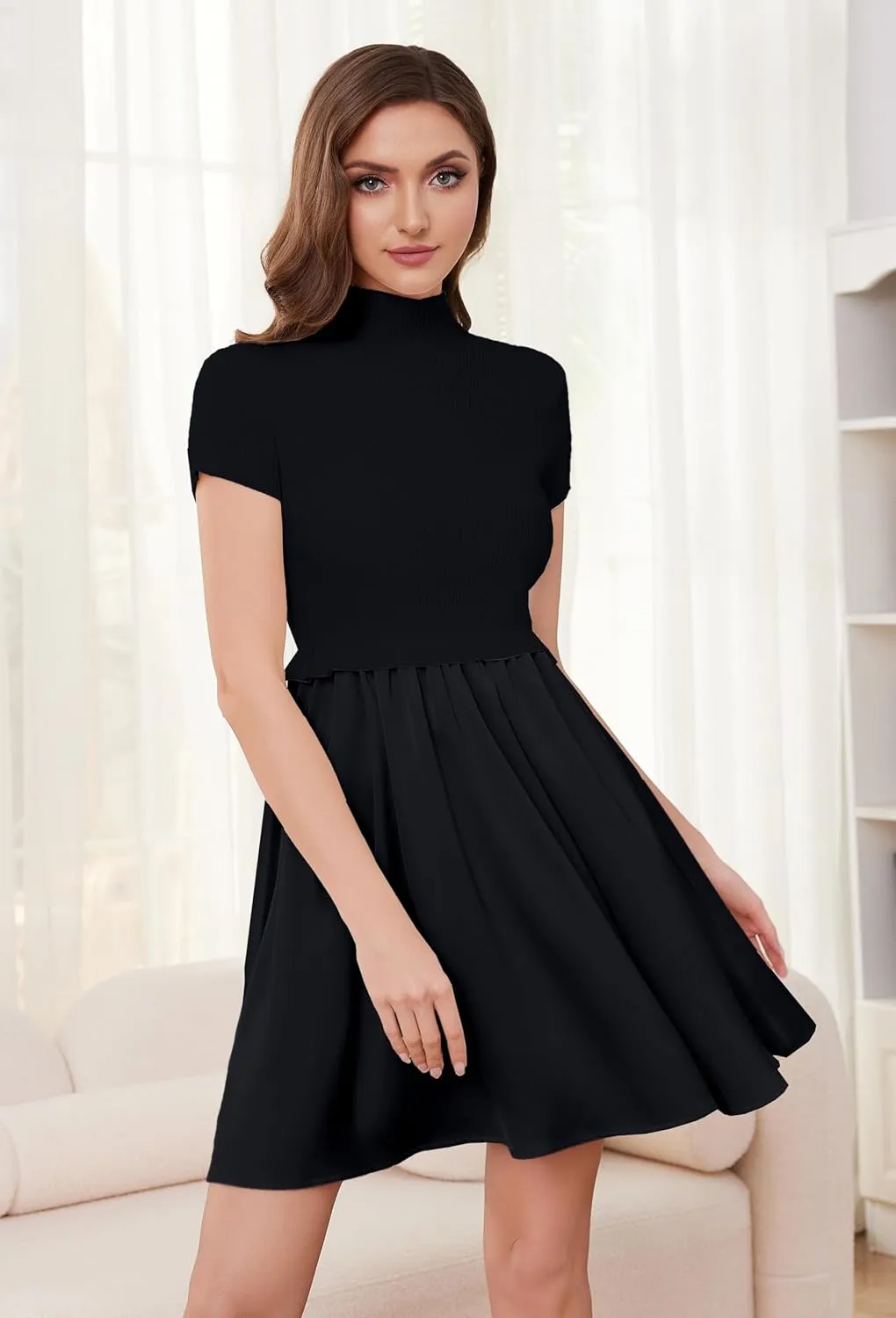 OLAPTA Women Mock Neck Patchwork Pleated Sweater Dress Short Sleeve Swing Knitted Solid Slim Fit Fashion Mini Dress Trendy