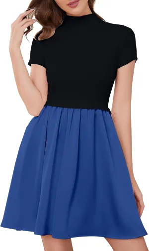 OLAPTA Women Mock Neck Patchwork Pleated Sweater Dress Short Sleeve Swing Knitted Solid Slim Fit Fashion Mini Dress Trendy