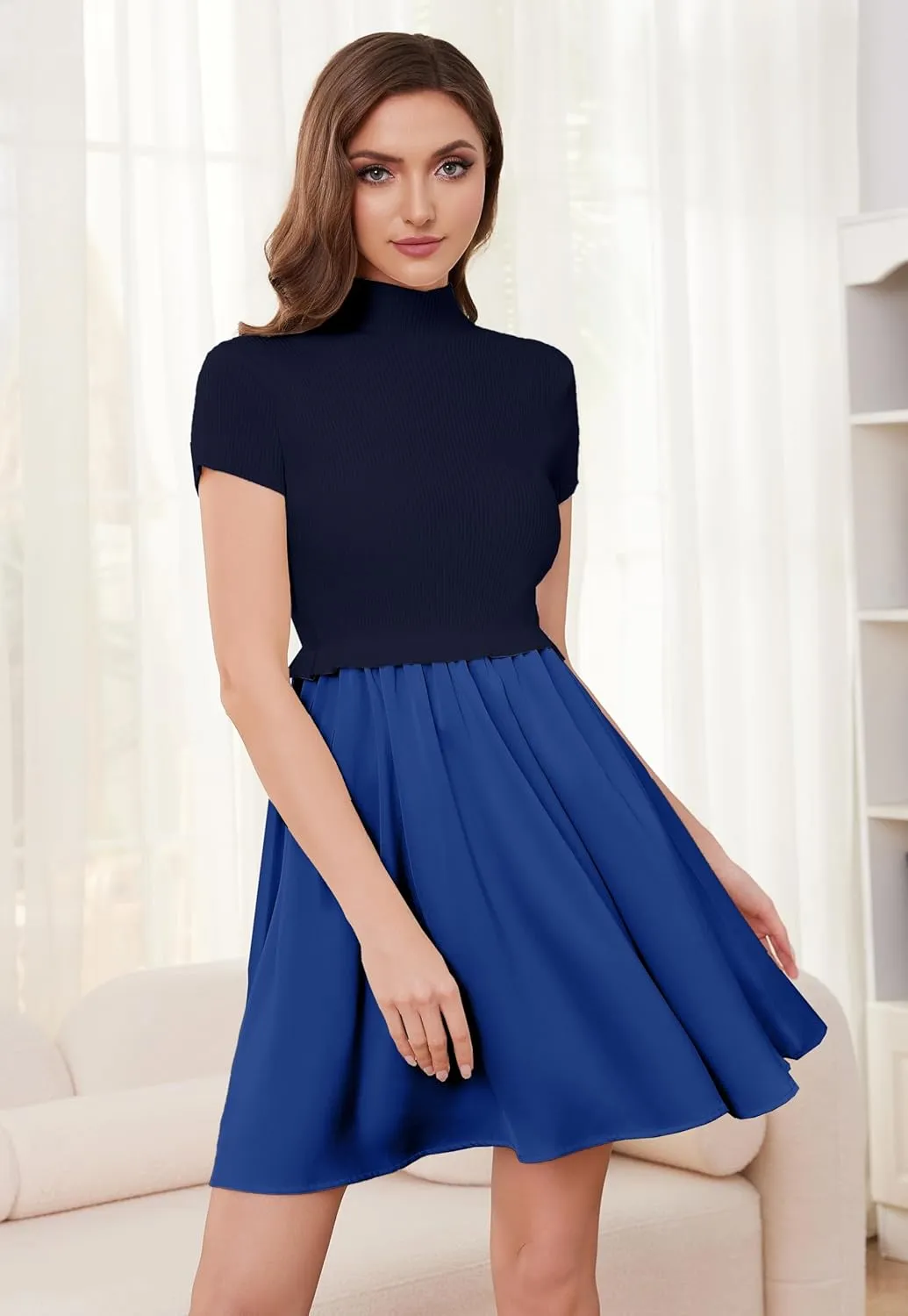 OLAPTA Women Mock Neck Patchwork Pleated Sweater Dress Short Sleeve Swing Knitted Solid Slim Fit Fashion Mini Dress Trendy