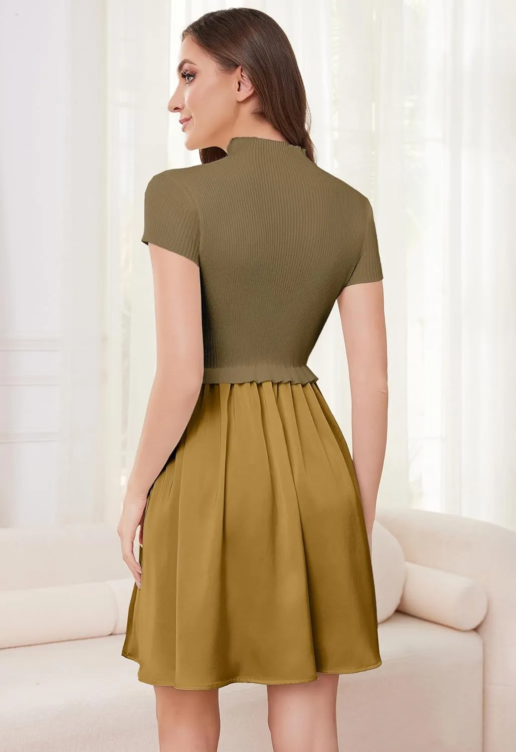 OLAPTA Women Mock Neck Patchwork Pleated Sweater Dress Short Sleeve Swing Knitted Solid Slim Fit Fashion Mini Dress Trendy