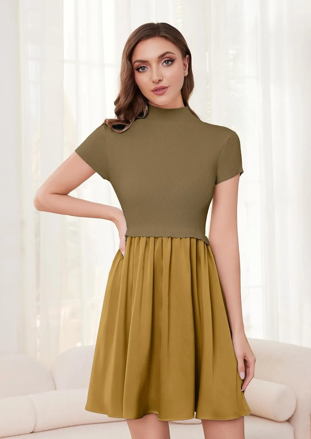OLAPTA Women Mock Neck Patchwork Pleated Sweater Dress Short Sleeve Swing Knitted Solid Slim Fit Fashion Mini Dress Trendy