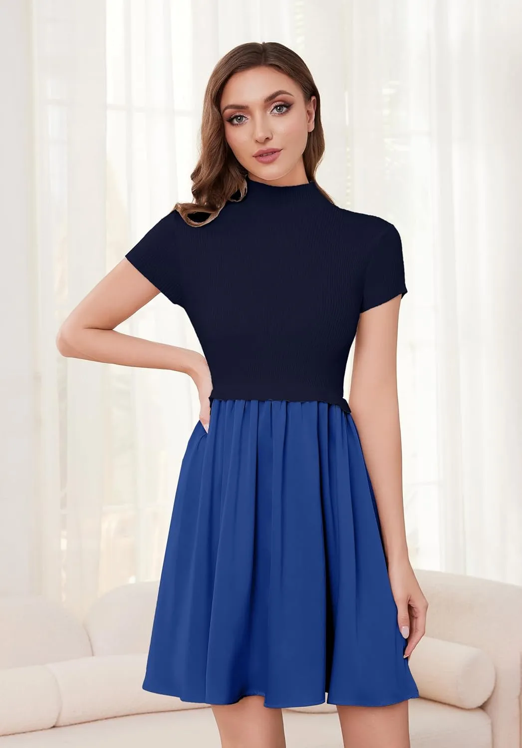 OLAPTA Women Mock Neck Patchwork Pleated Sweater Dress Short Sleeve Swing Knitted Solid Slim Fit Fashion Mini Dress Trendy