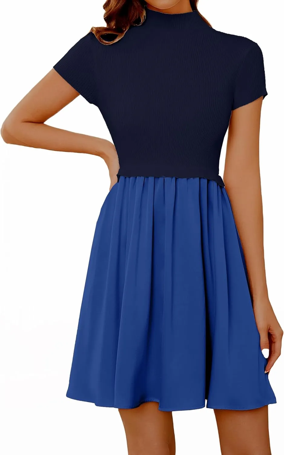 OLAPTA Women Mock Neck Patchwork Pleated Sweater Dress Short Sleeve Swing Knitted Solid Slim Fit Fashion Mini Dress Trendy