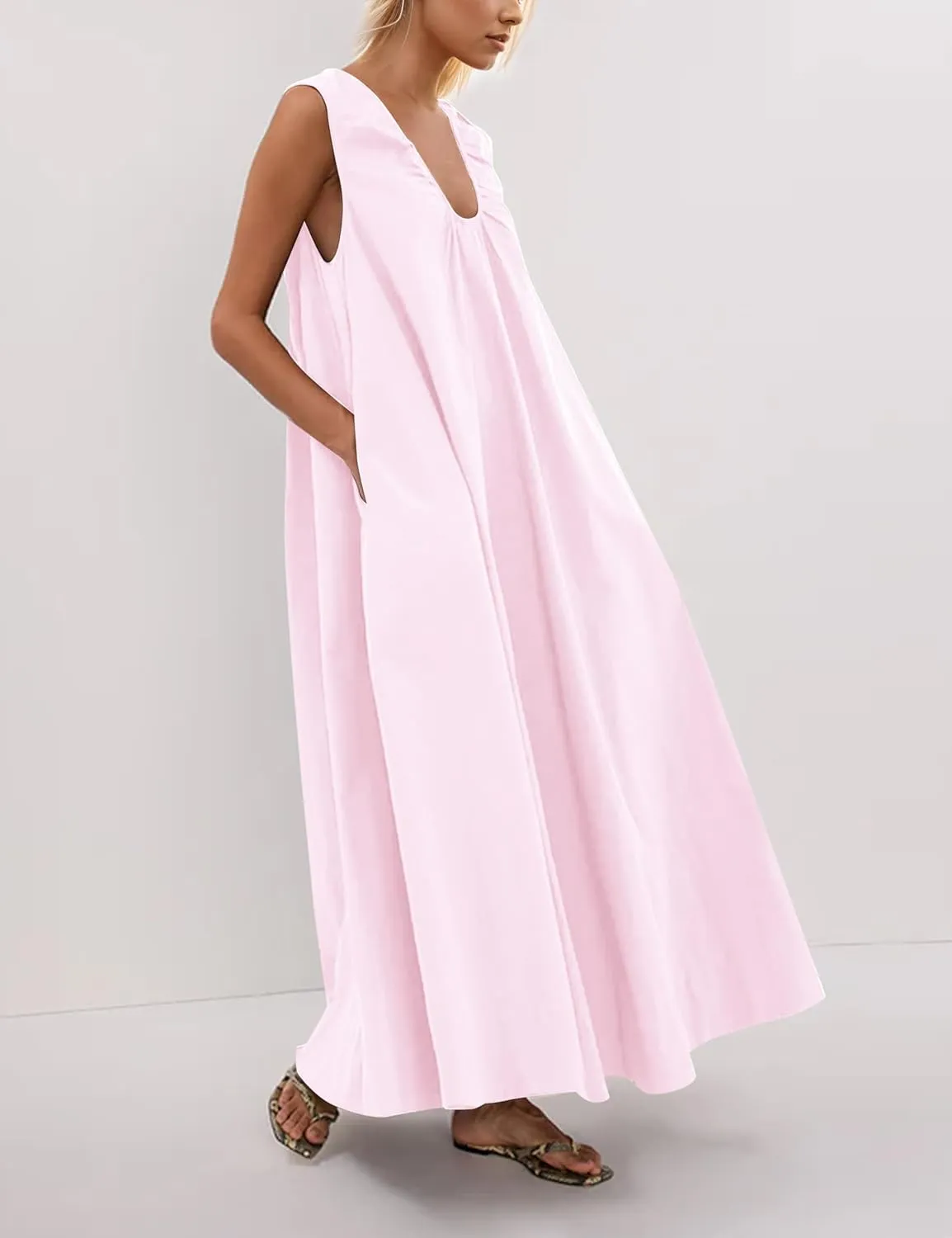 OLAPTA Women Summer Sleeveless Maxi Dress Scoop Neck Ruched Loose Fit Casual Elegant Solid Vacation Long Dress with Pockets
