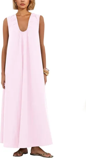 OLAPTA Women Summer Sleeveless Maxi Dress Scoop Neck Ruched Loose Fit Casual Elegant Solid Vacation Long Dress with Pockets