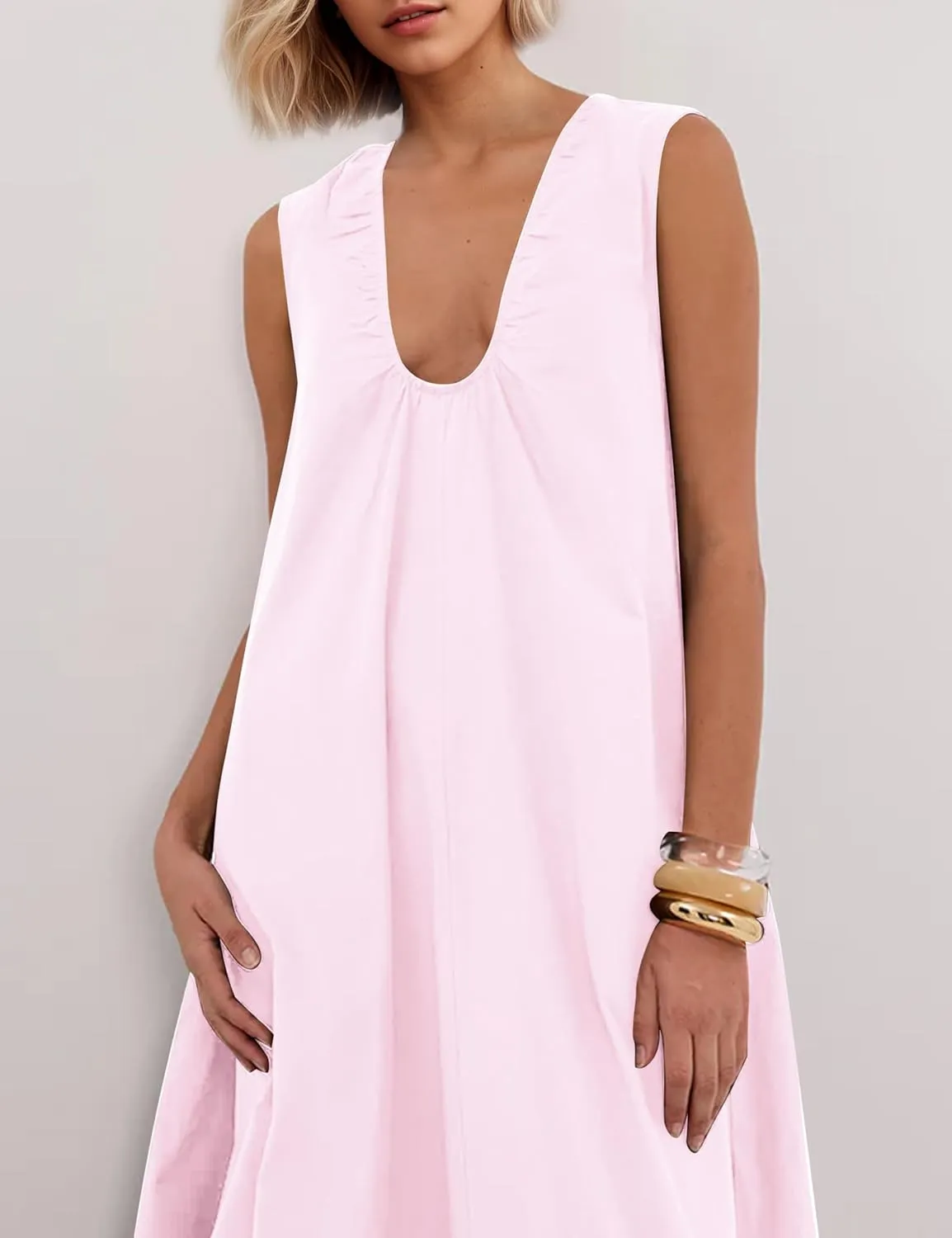 OLAPTA Women Summer Sleeveless Maxi Dress Scoop Neck Ruched Loose Fit Casual Elegant Solid Vacation Long Dress with Pockets