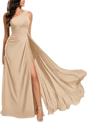 One Shoulder Bridesmaid Dresses for Wedding Long Slit Chiffon Pleated Zipper Back Formal Evening Gown