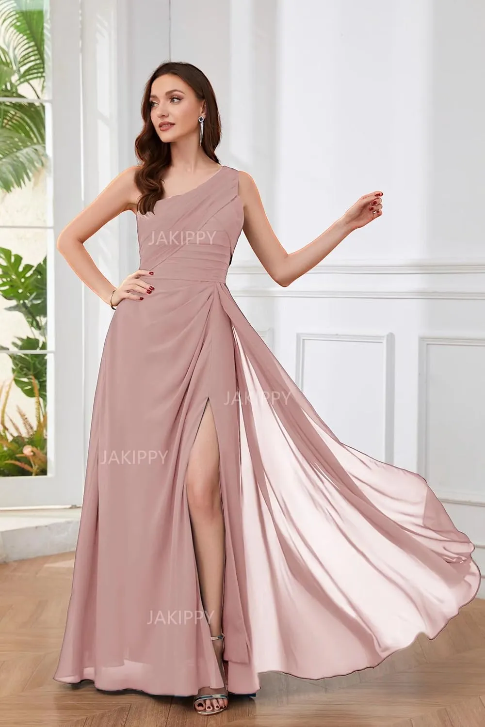 One Shoulder Bridesmaid Dresses for Wedding Long Slit Chiffon Pleated Zipper Back Formal Evening Gown