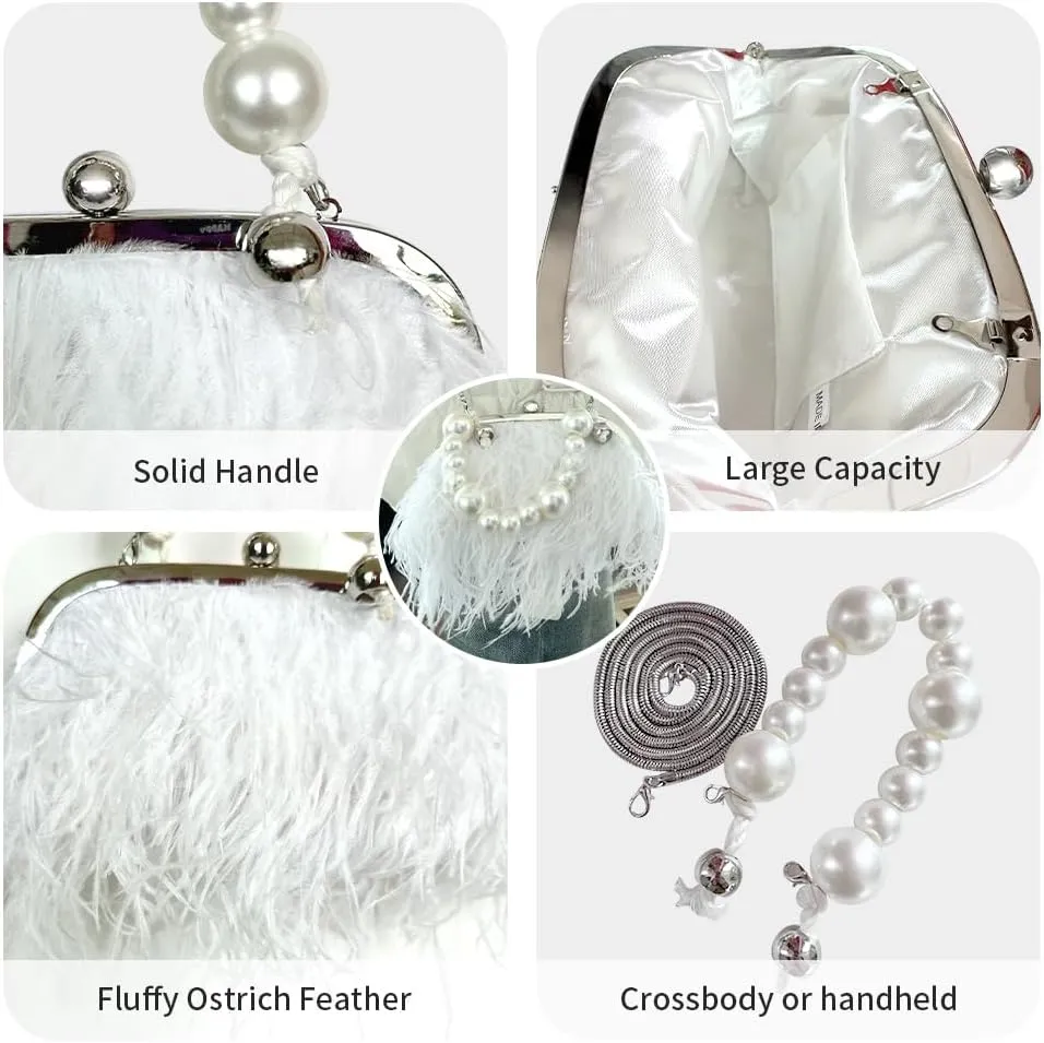 Ostrich Feather Evening Bags Fluffy Clutches for Women, Vintage Pearl Purse Tote Bag for Bridal, Banquet, Party White