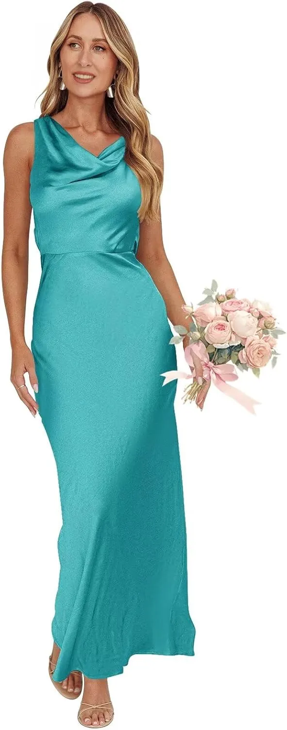 Ouyisha Satin Bridesmaid Dresses Maxi Open Back Cowl Neck Dress for Women Silk Wedding Guest Dresses 2025