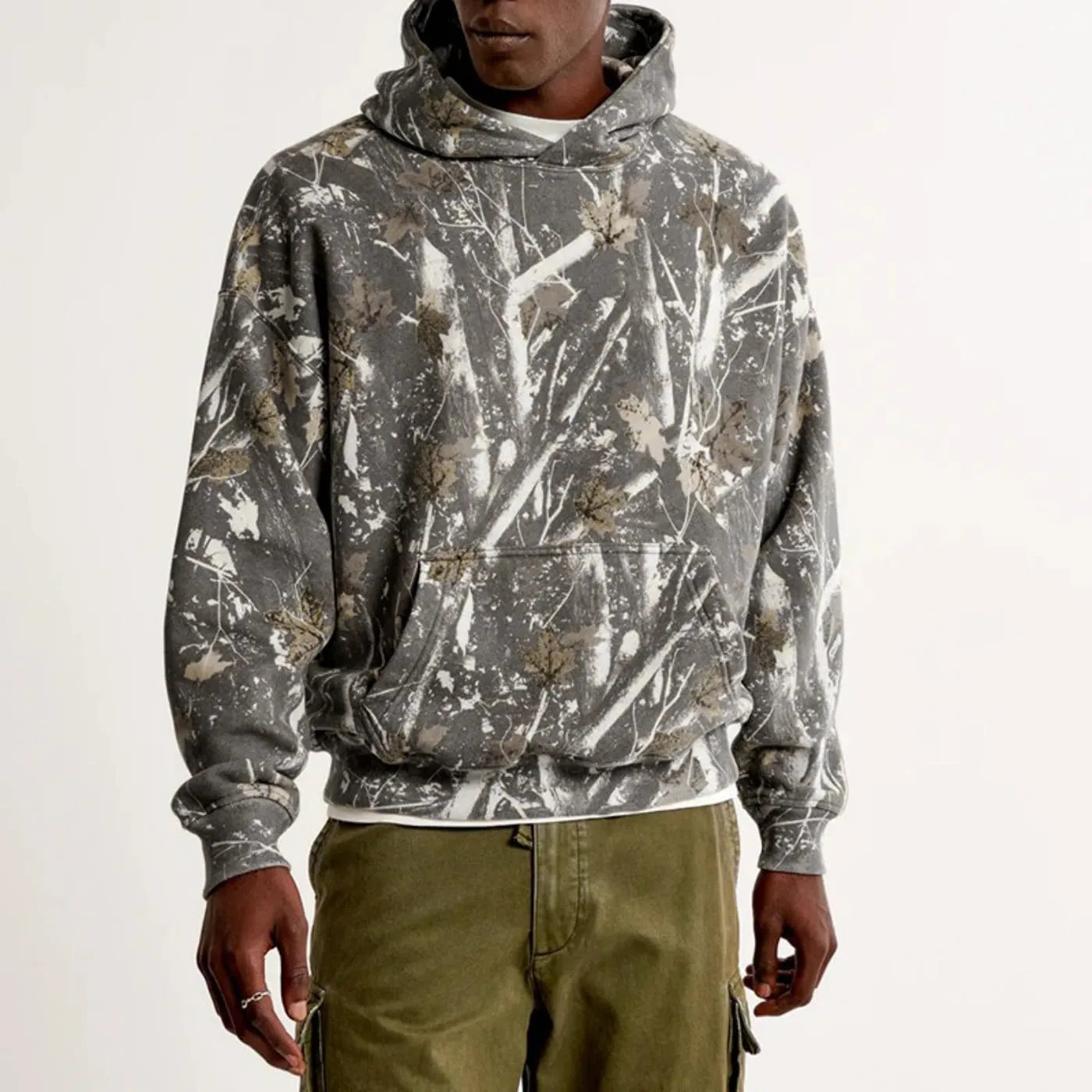 Oversize Camo Maple Leaf Branch Hoodies for Men Women Y2K Baggy Fleece Hooded Sweatshirt Pullover with Pocket