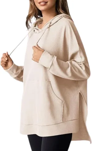 Oversized Hoodies for Women,Waffle Casual Long Sleeve Knit Drawstring Side Slit Pullover Sweatshirts with Pocket