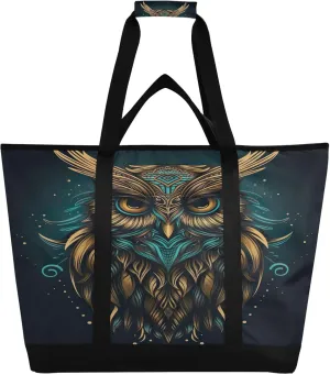 Owl Black Tote Bag for Women with Zipper Reusable Grocery Bags Foldable Insulated Cooler Bag Handbags Shopping Bags Totes for Groceries Picnic Travel Beach Work