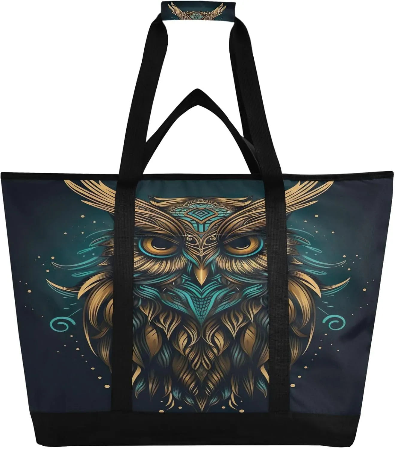 Owl Black Tote Bag for Women with Zipper Reusable Grocery Bags Foldable Insulated Cooler Bag Handbags Shopping Bags Totes for Groceries Picnic Travel Beach Work