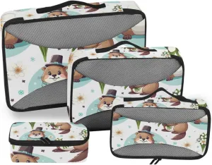 Packing Cubes for Travel 4 Set Cute Cartoon Groundhog Luggage Set Suitcase Organizer Bags Mesh Accessories Storage Pouch Toiletry Packing Cubes