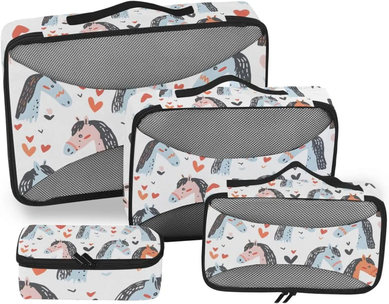 Packing Cubes for Travel 4 Set Horse Childish Doodle Luggage Set Suitcase Organizer Bags Mesh Accessories Storage Pouch Toiletry Packing Cubes