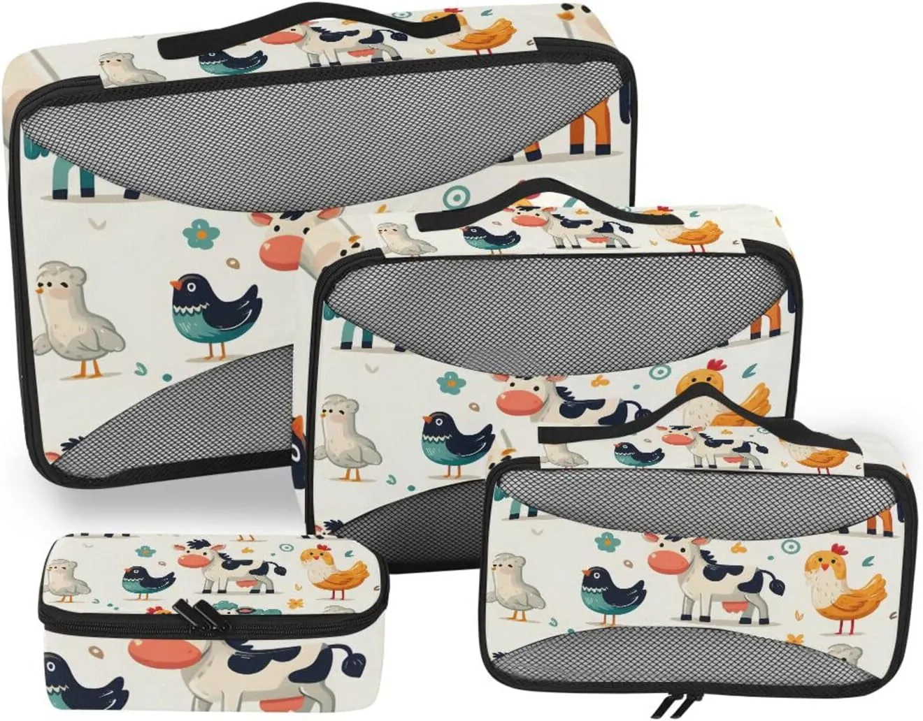 Packing Cubes for Travel 4 Set Horse Cow Chicken Bird Luggage Set Suitcase Organizer Bags Mesh Accessories Storage Pouch Toiletry Packing Cubes