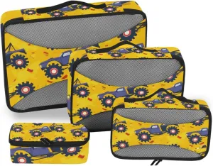 Packing Cubes for Travel 4 Set Monster Truck Cartoon Yellow Luggage Set Suitcase Organizer Bags Mesh Accessories Storage Pouch Toiletry Packing Cubes
