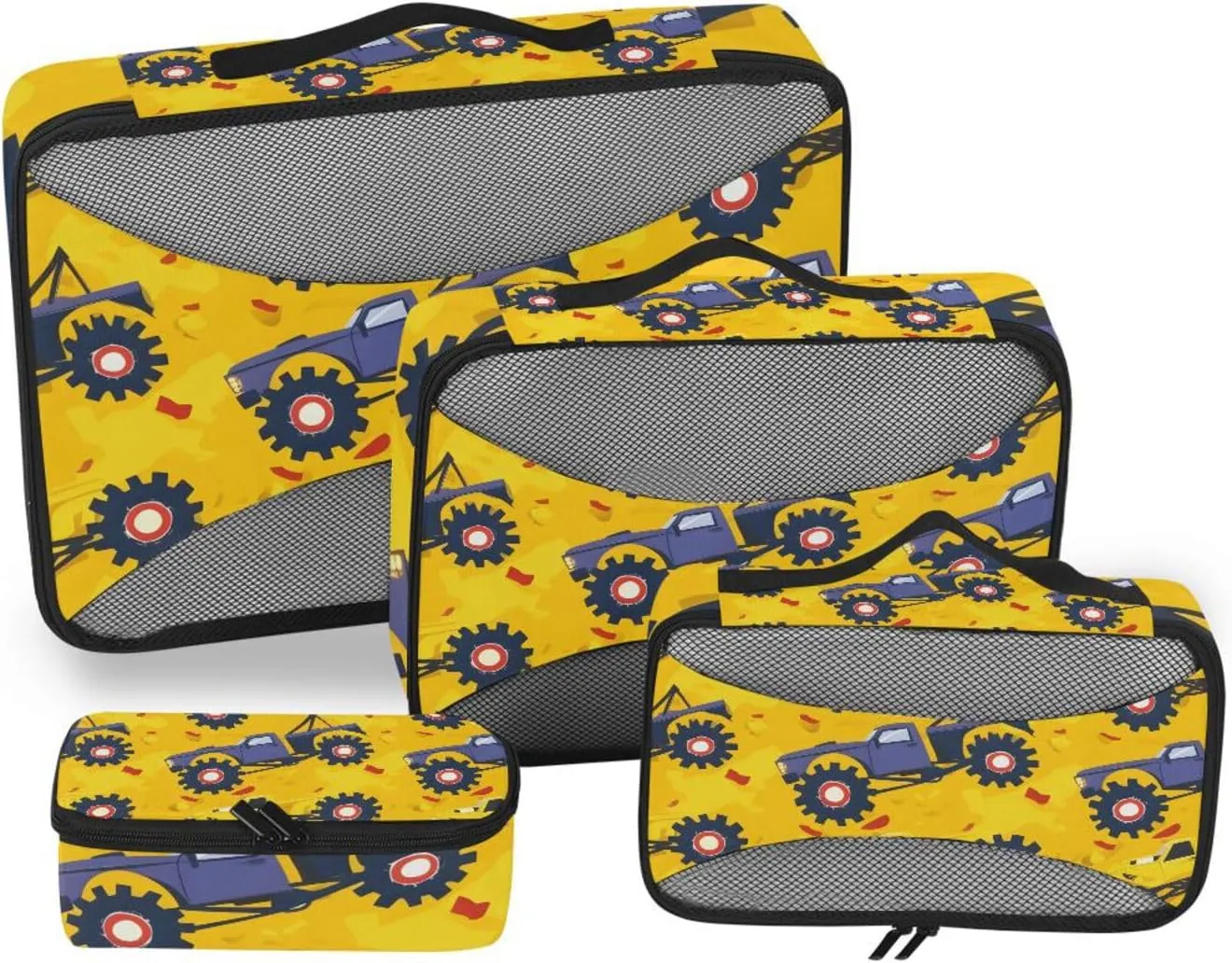 Packing Cubes for Travel 4 Set Monster Truck Cartoon Yellow Luggage Set Suitcase Organizer Bags Mesh Accessories Storage Pouch Toiletry Packing Cubes