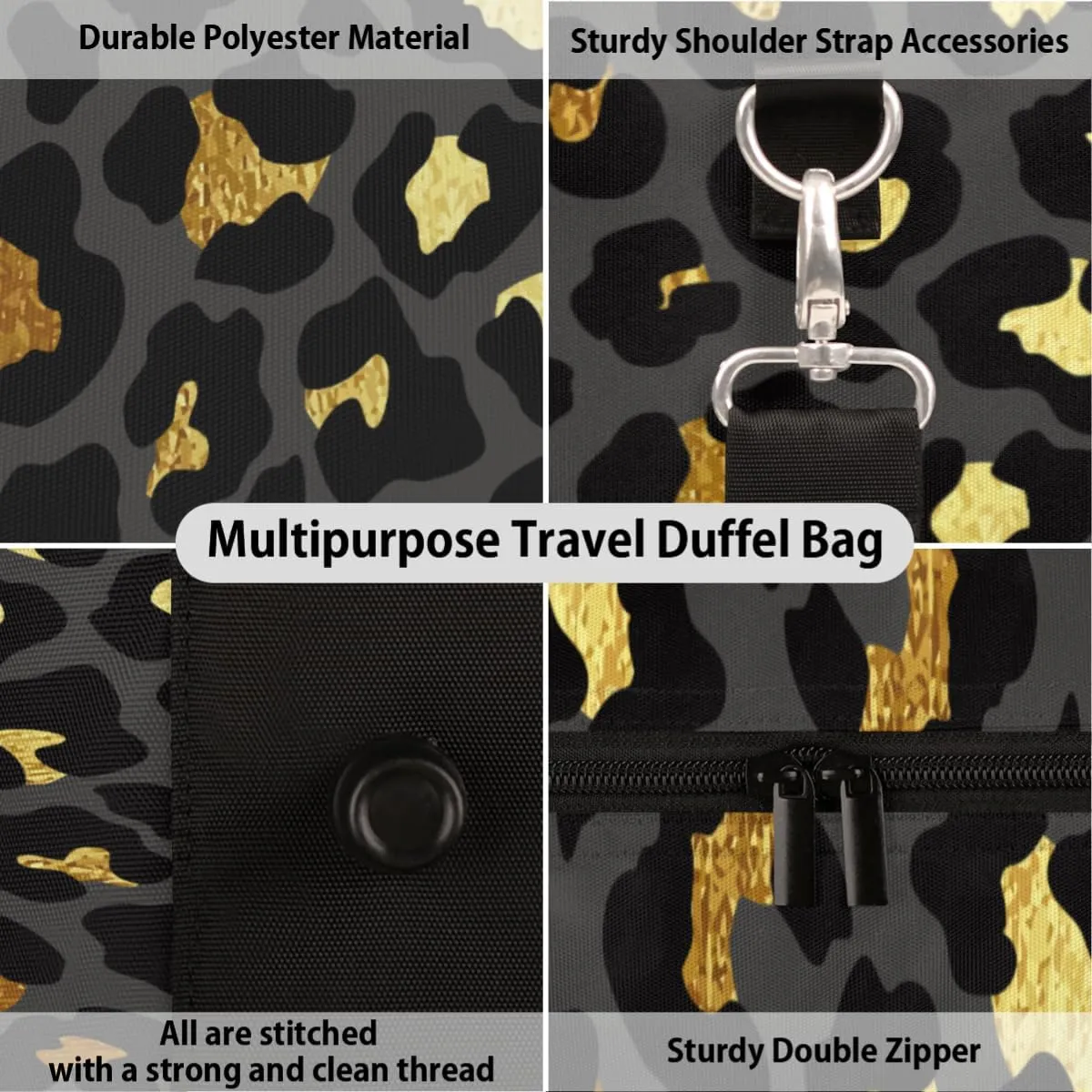 Pardick Travel Duffel Bag for Women Men Black Gold Leopard Cheetah Sport Gym Tote Bag Lightweight Weekender Overnight Bag Workout Bag Waterproof Foldable Carry on Luggage Handbag for Traveling Yoge