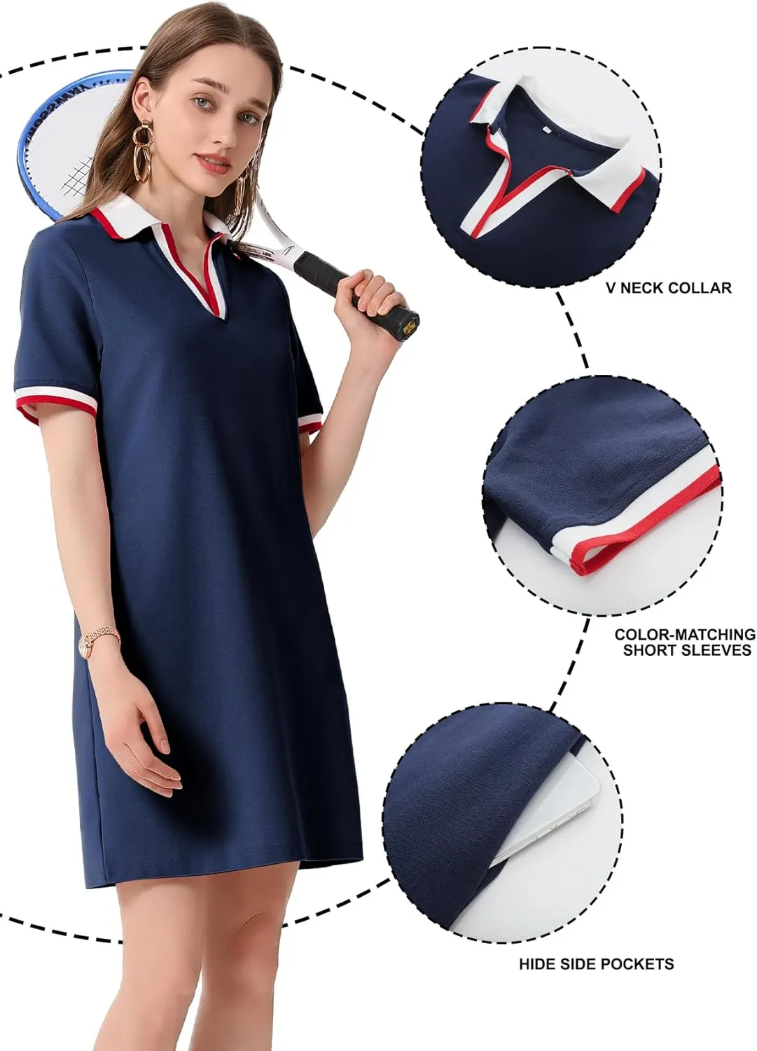PEHMEA Women's Polo Dress Collared Short Sleeve V Neck Golf Tennis Casual Mini Summer Shirt Dresses with Pockets