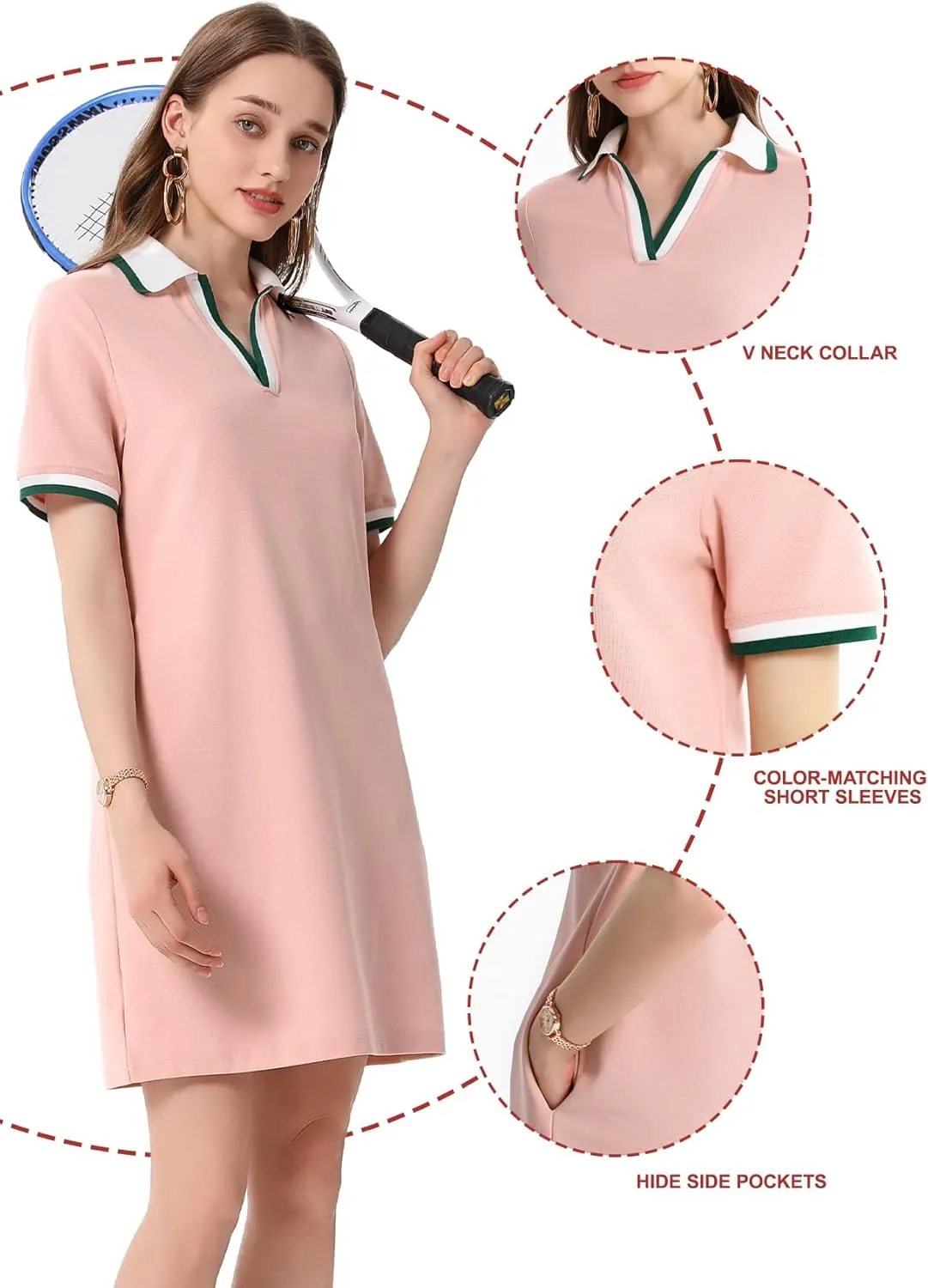 PEHMEA Women's Polo Dress Collared Short Sleeve V Neck Golf Tennis Casual Mini Summer Shirt Dresses with Pockets