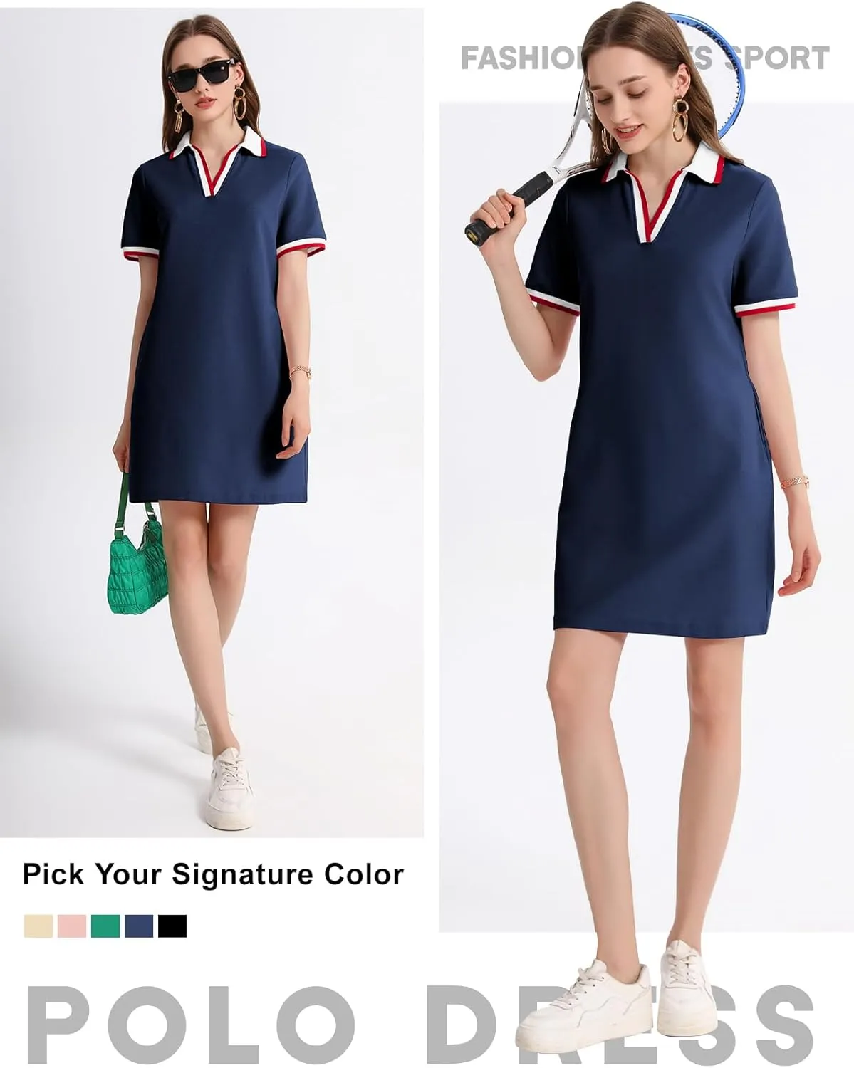PEHMEA Women's Polo Dress Collared Short Sleeve V Neck Golf Tennis Casual Mini Summer Shirt Dresses with Pockets