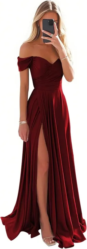 PEIYJYUSP Off Shoulder Satin Bridesmaid Dresses for Women Corset Prom Dress Long Ruched A Line Formal Gown with Slit