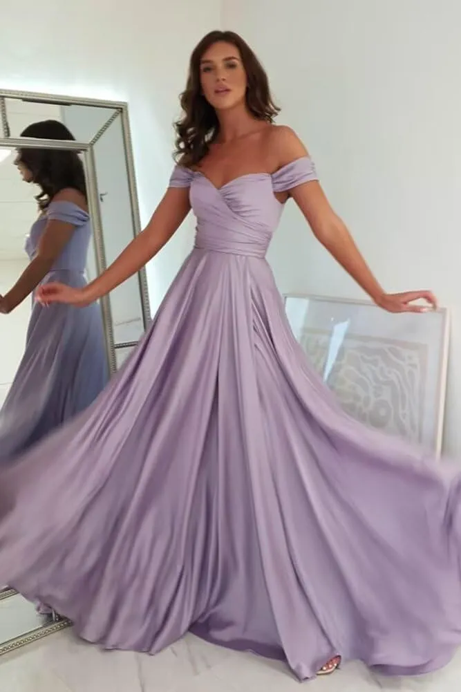 PEIYJYUSP Off Shoulder Satin Bridesmaid Dresses for Women Corset Prom Dress Long Ruched A Line Formal Gown with Slit