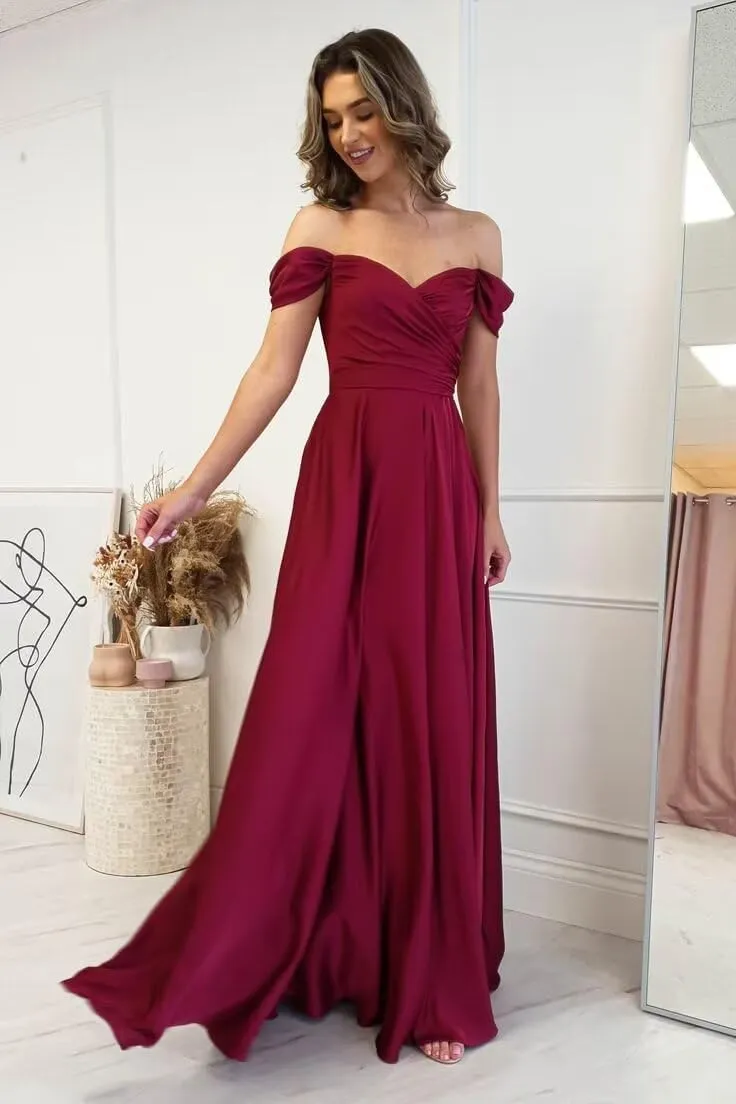 PEIYJYUSP Off Shoulder Satin Bridesmaid Dresses for Women Corset Prom Dress Long Ruched A Line Formal Gown with Slit