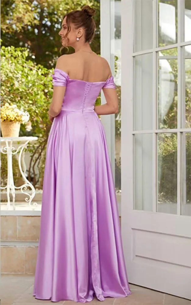 PEIYJYUSP Off Shoulder Satin Bridesmaid Dresses for Women Corset Prom Dress Long Ruched A Line Formal Gown with Slit