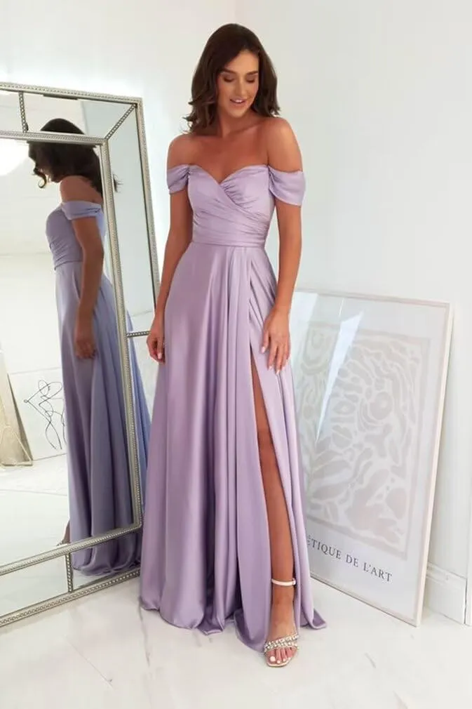 PEIYJYUSP Off Shoulder Satin Bridesmaid Dresses for Women Corset Prom Dress Long Ruched A Line Formal Gown with Slit