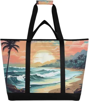 Plam Beach Tote Bag for Women with Zipper Reusable Grocery Bags Foldable Insulated Cooler Bag Totes Shopping Bags Handbags for Groceries Beach Picnic Travel Work